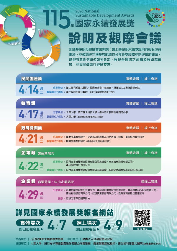 【轉知】行政院「115年國家永續發展獎」開放報名中